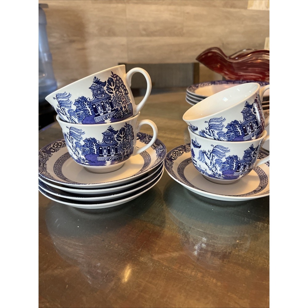 Royal Cuthbertson Blue Willow Tea Cup & Saucer X4, 1 Saucers , 9 Piece‎ Set